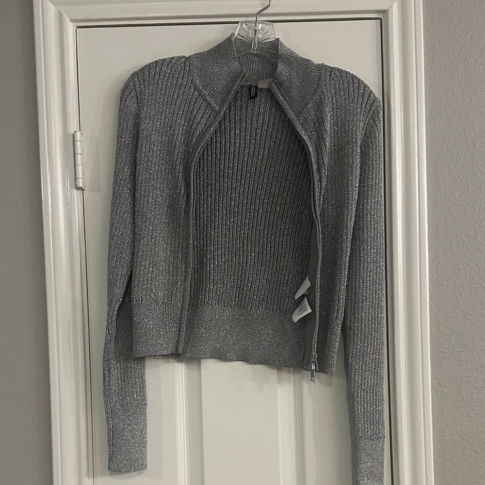 Metallic Gray Ribbed Zip-Front Women’s Sweater